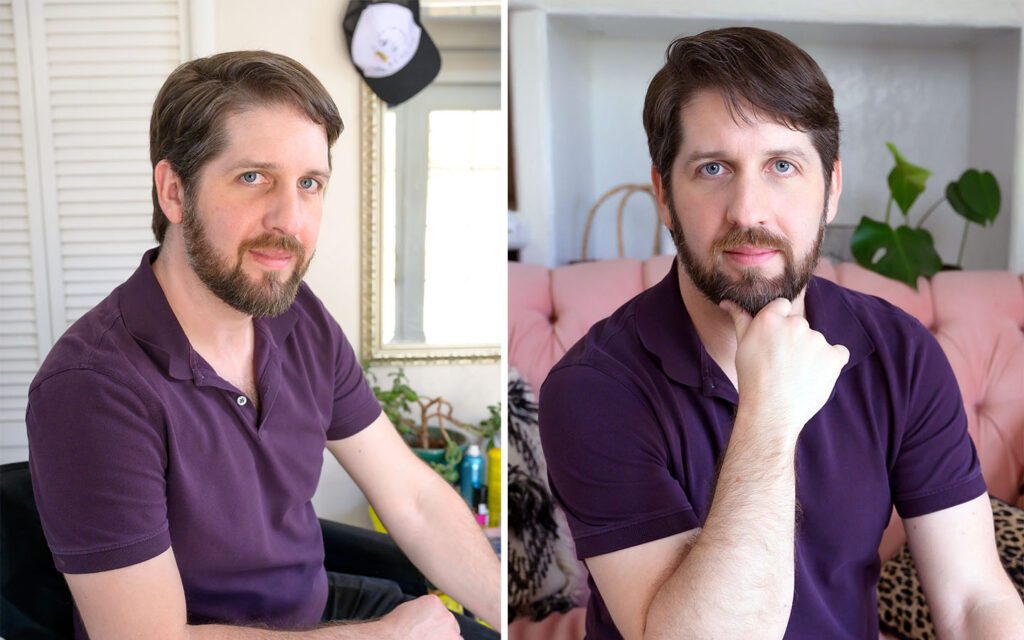 A man shown twice with and without makeup