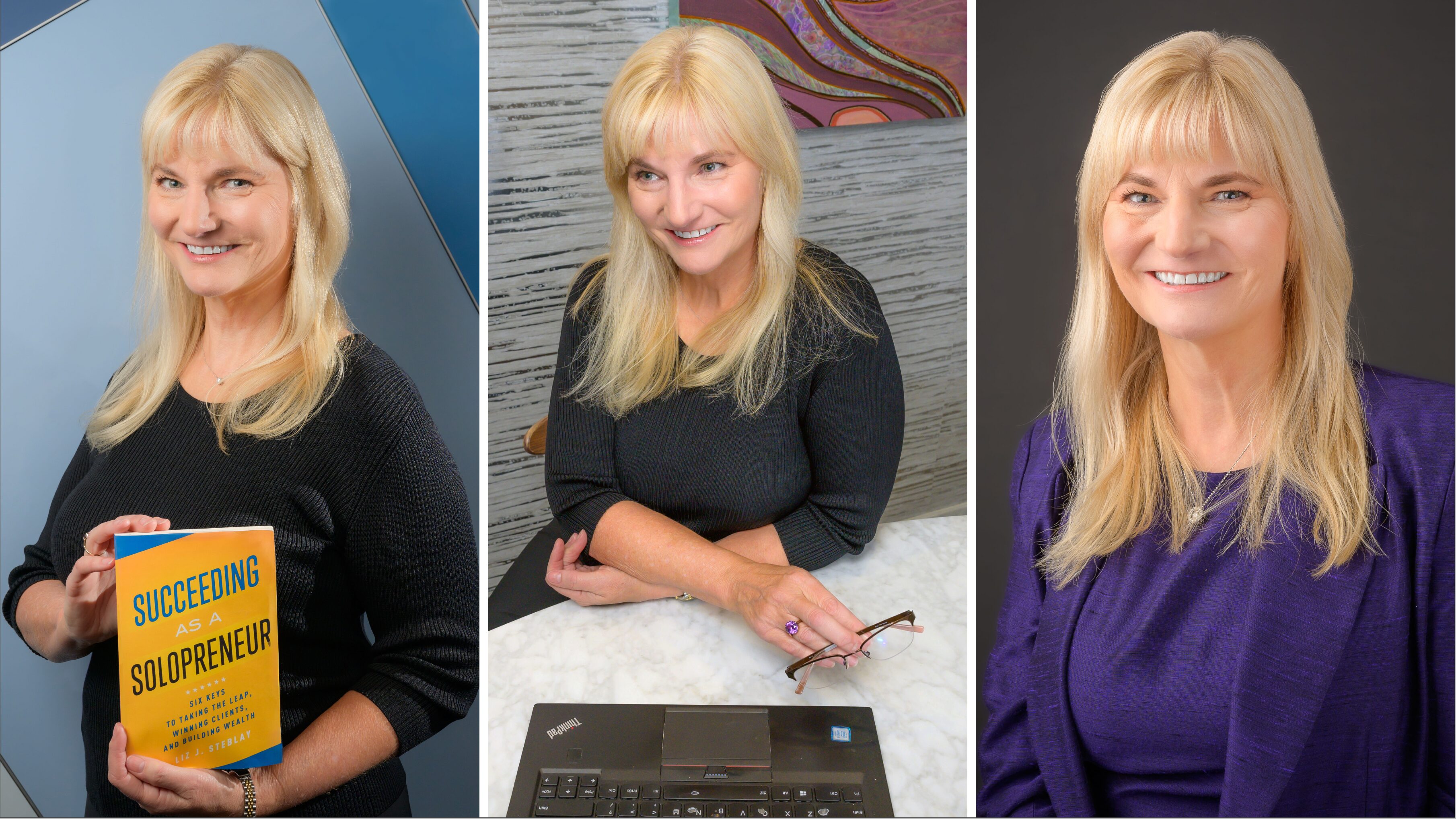 Professional photography of woman holding a book, sitting in front of a laptop and posing 